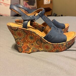 Born  Rebecca Blue floral rafia Platform Wedge Sandals